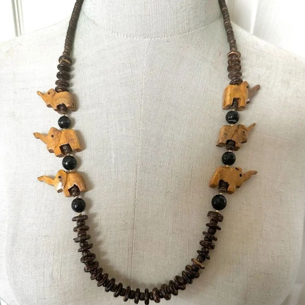 Vintage Hand-carved elephant Wooden Bead Necklace